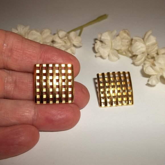 Gold Earrings Vintage Retro Square Set Pair Jewelry Woman 80s Style Fashion D157 - Picture 4 of 4